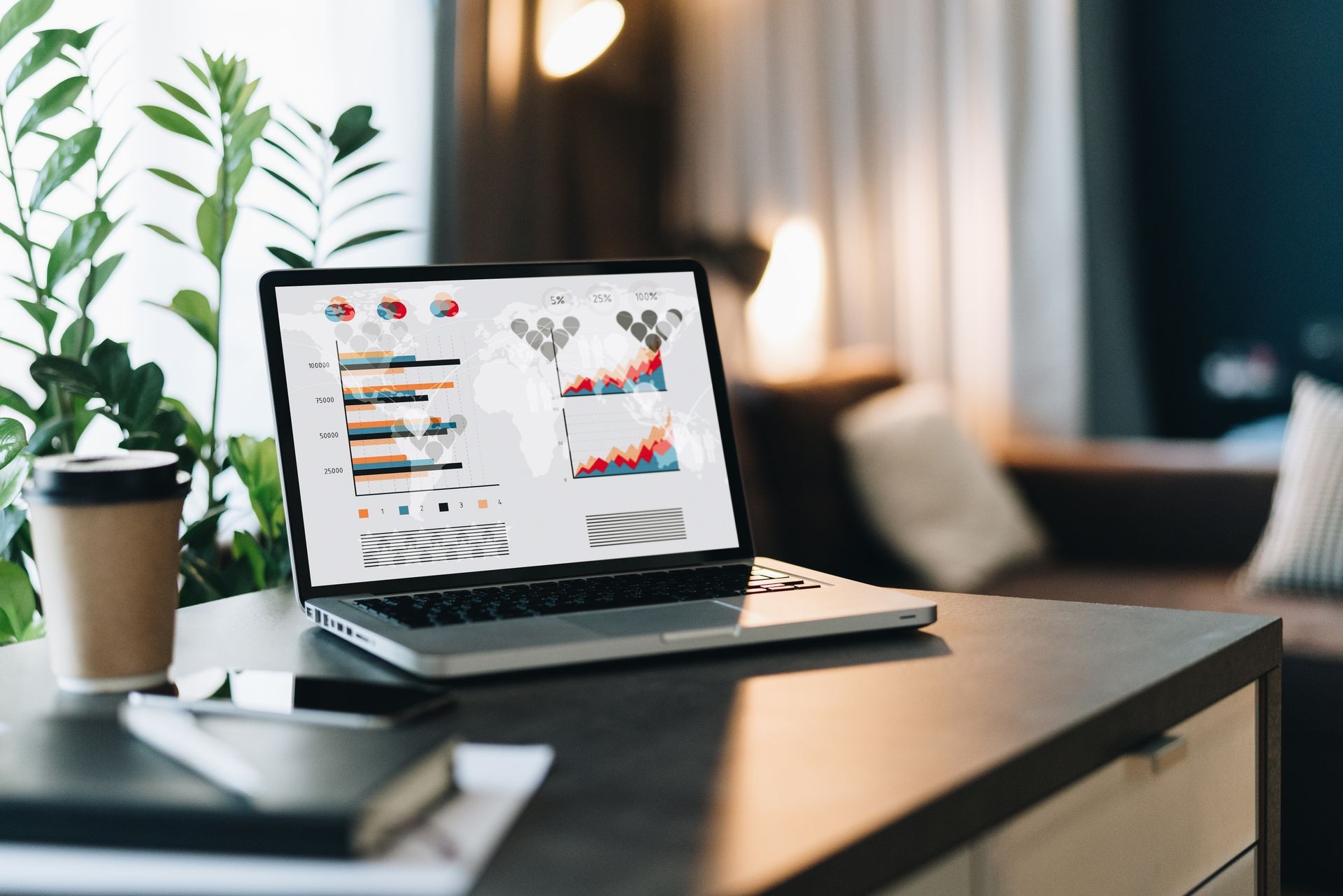 Close up of laptop with graphs, charts, diagrams, schedule on screen on table in empty room.Workplace. Online marketing, distance work. Analytics, business planning, finance, trading on stock exchange